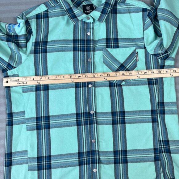 Flylow Shirt Mens XL Blue Green Plaid Snap Button Corbetts Ski Snowboard Logo - Picture 5 of 11